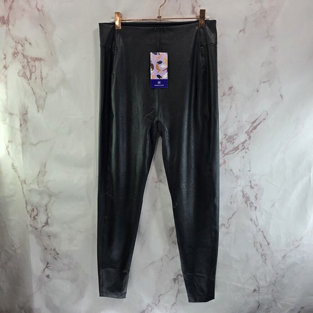 Honeylove Leggings Womens Large Black Faux Vegan Leather High Rise